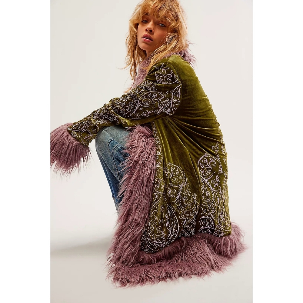 Free People Moon Glow Velvet Embroidered Penny Lane Fur Coat - Picture 2 of 12